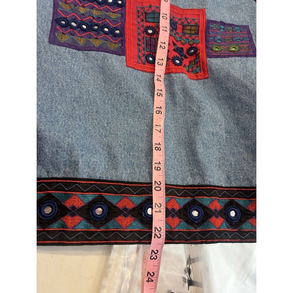Vintage 90s Patchwork Denim Jacket M Beaded Collar Southwestern Concho Artsy L - Picture 7 of 16